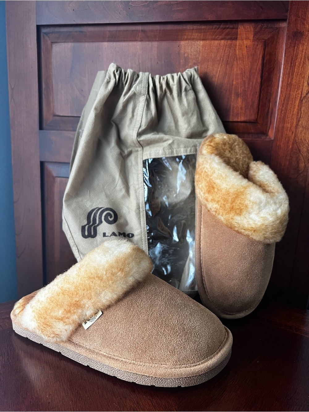 Lamo Tan Suede Shearling-Lined Slip-On Clogs